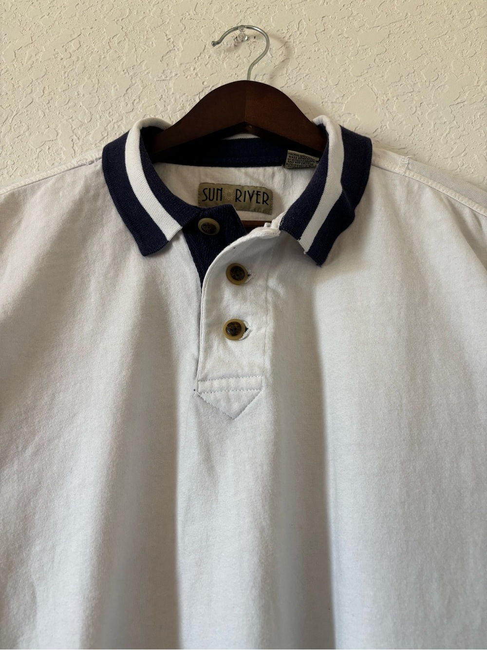 Sun River Men’s White Polo with Navy Stripe Collar